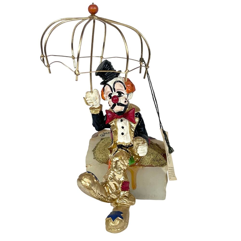 Ron Lee Hobo Clown with Umbrella Figurine Gold Onyx Hand Painted Signed 1987